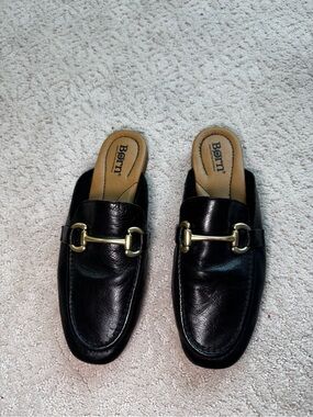 Born Black Leather Backless Loafers with Gold Horsebit
